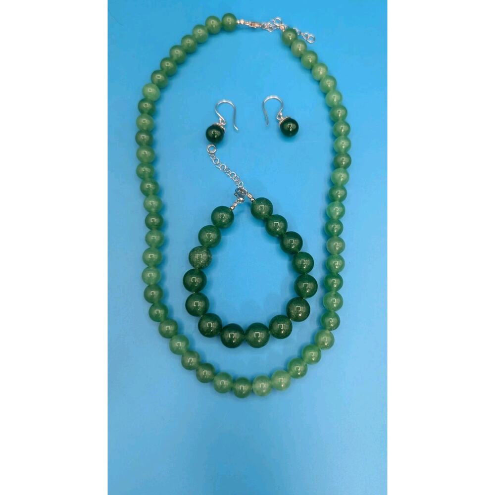Vintage BBJ 925 Green Jade Parure 3 Piece Necklace, Bracelet, & Earring Set